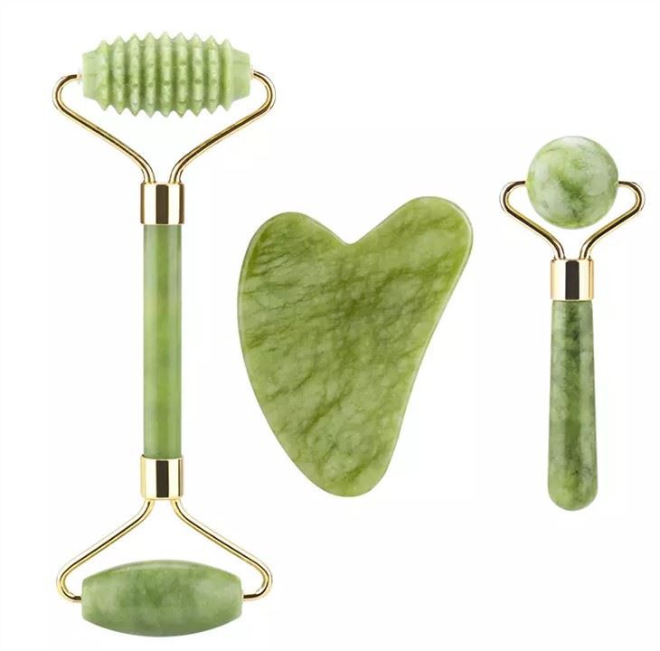 Özel Logo Yüz Yeşil Yeşim Roller Gua Sha Set